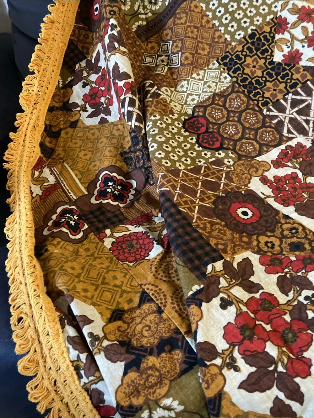 Vintage Tablecloth Round Fringe Harvest Gold MCM Vintage 50